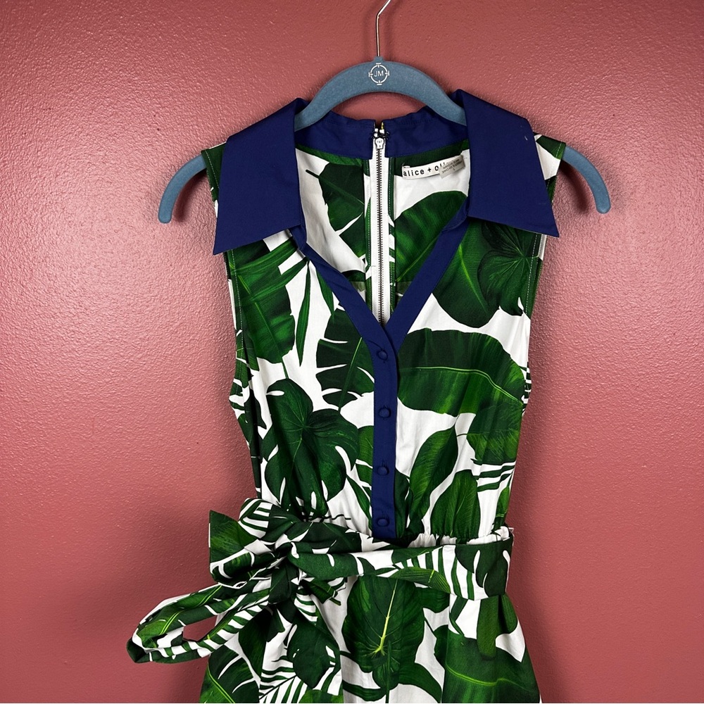 Alice + Olivia Margot Leaf Print Cotton Poplin Midi Dress size 2 - Picture 2 of 7